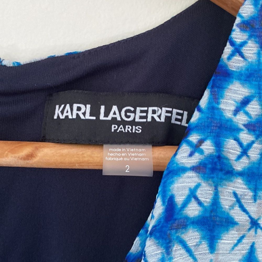 KARL LAGERFELD PARIS  Blue Printed Flutter Sleeve Dress - Picture 12 of 16